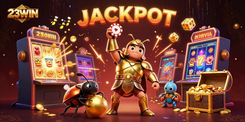 Experience the thrill of 23WIN casino with a victorious beetle lifting a poker chip.