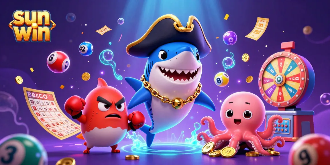 Exciting sun win scene featuring a cartoon pirate shark, pufferfish, and octopus in a vibrant lottery setting.