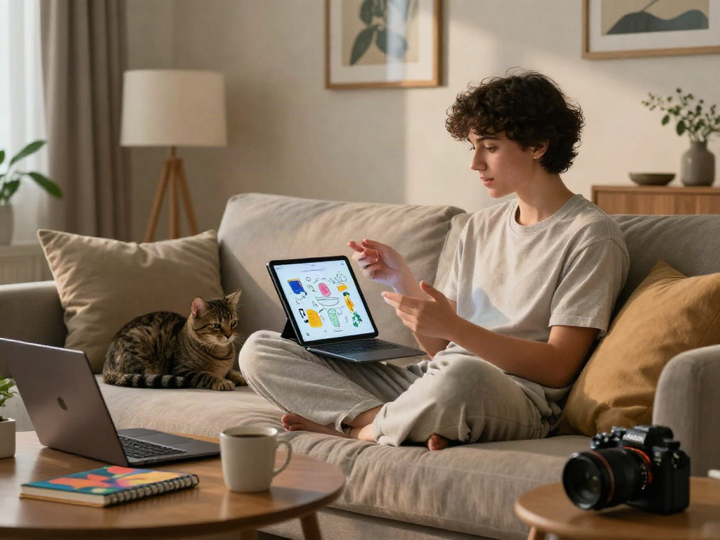 User engaged in nsfw ai chat with an interactive AI chatbot in a cozy home setting.