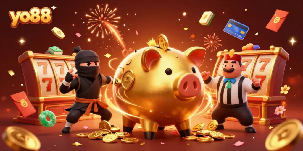 Join the thrilling action of yo88 with a golden piggy bank sumo wrestler surrounded by vibrant casino elements.