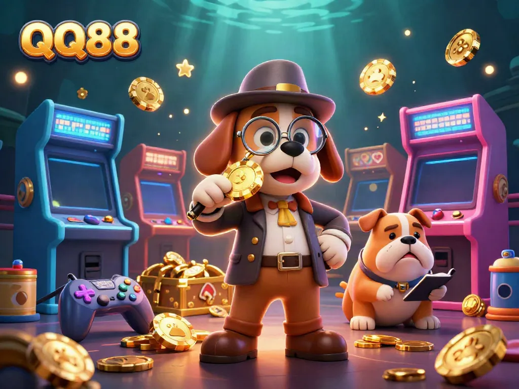 Engaging scene displaying QQ88's detective duo in a vibrant casino environment with arcade elements and gaming clues.
