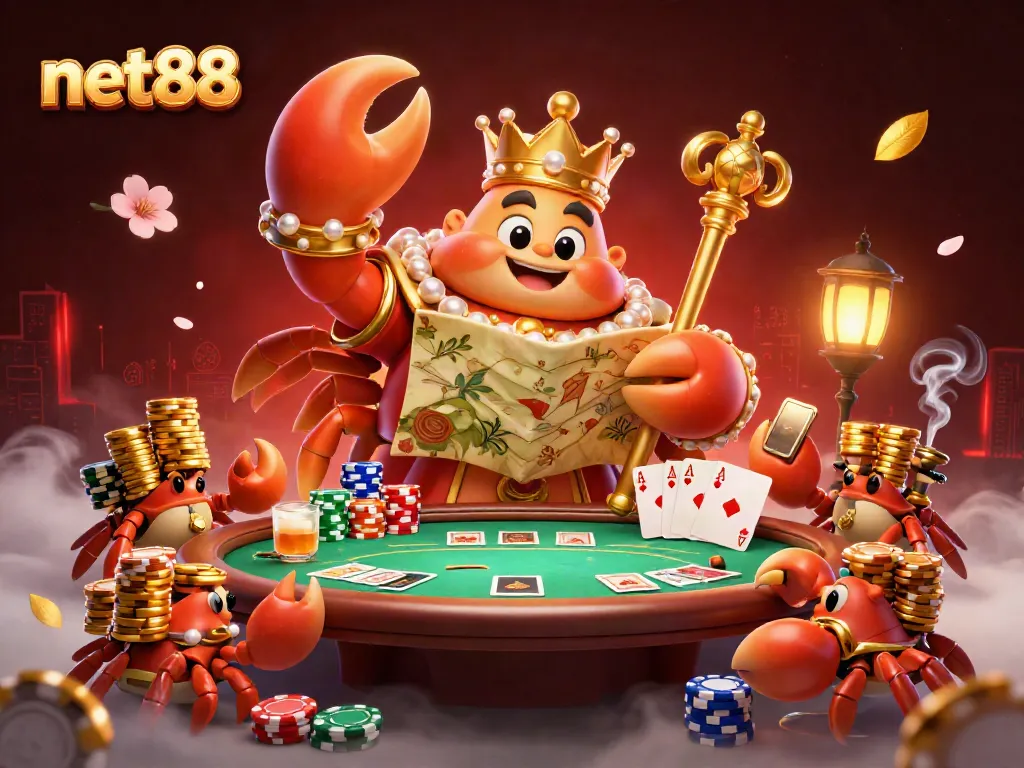 Experience thrilling betting action at net88 with a golden crab emperor and colorful poker scene.