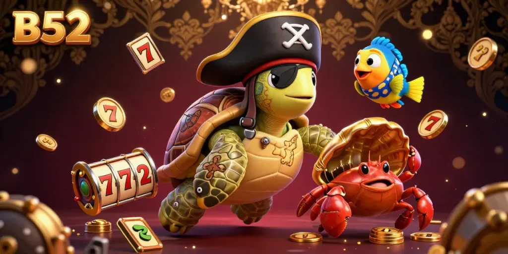 Engage in thrilling slot action with B52, featuring pirate turtle and friends in a lively casino setting.