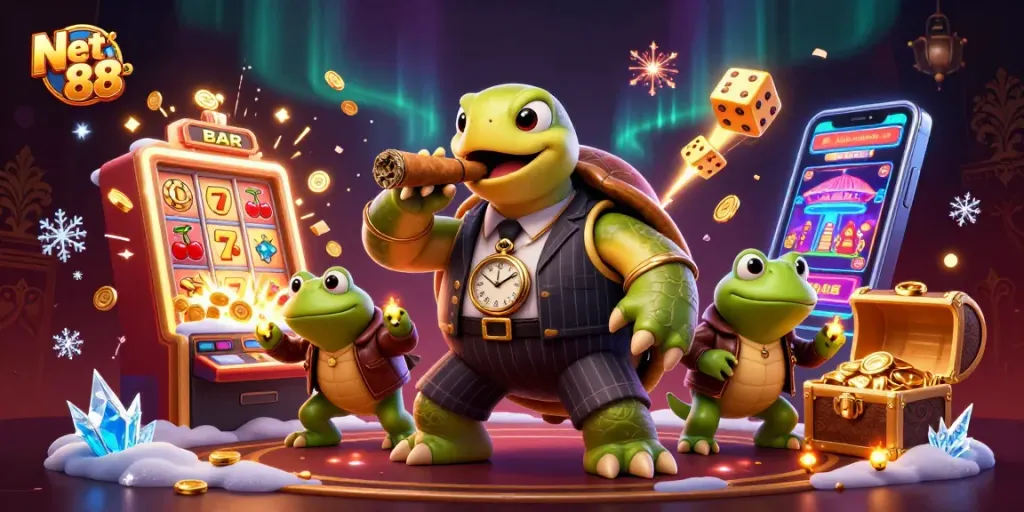 Experience the thrill of Net 88 with a vibrant 3D casino scene featuring exciting game elements.