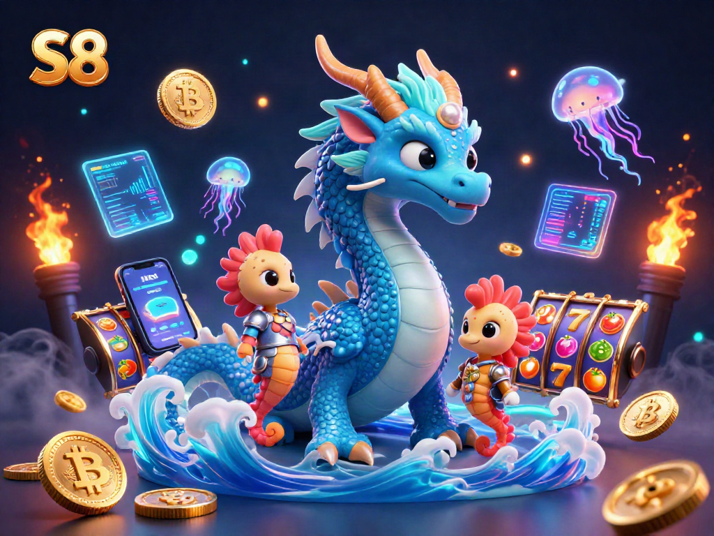 Spin the reels with S8's vibrant casino illustration featuring captivating characters and crypto elements.