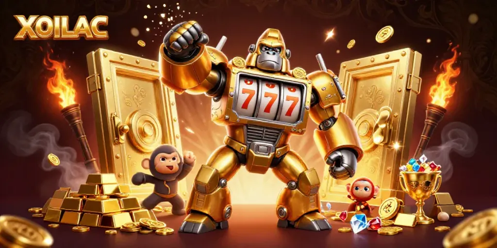 Experience the thrill of XOILAC with a dynamic 3D golden gorilla mech amidst gold treasures and action!