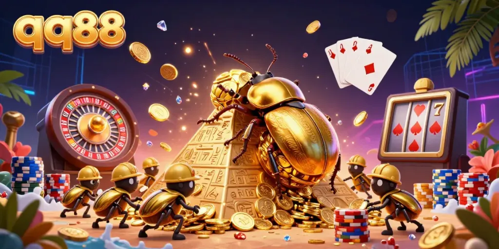 Experience gambling excitement with qq88 featuring golden beetles and casino elements in a vibrant scene.