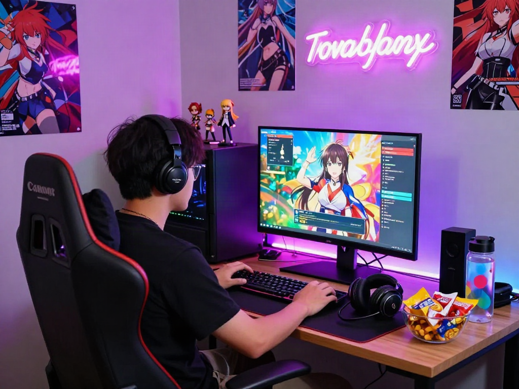 Gamer immersed in a colorful hentai game setting with anime decor and snacks.