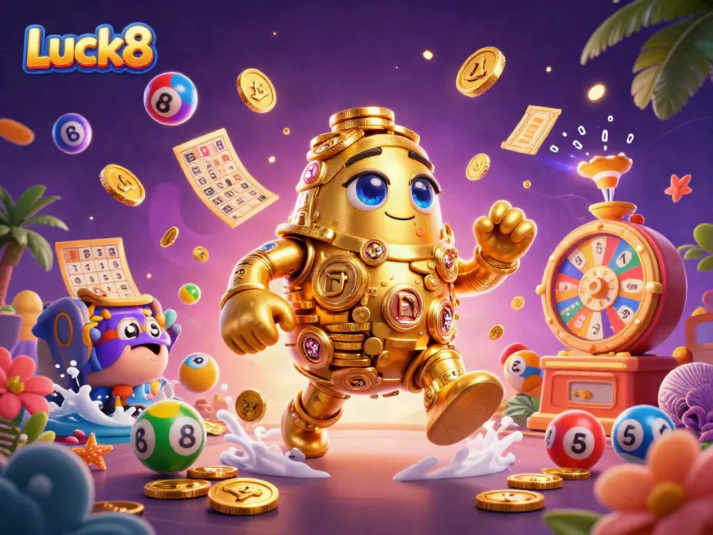 Engage with Luck8's vibrant gaming world featuring a golden golem surrounded by lottery and casino elements.