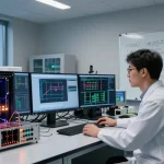 Scientist observing quantum computing equipment with screens displaying algorithms and qubit states.