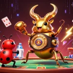 Engage in thrilling game bài đổi thưởng action with a vibrant casino scene featuring cartoon characters and poker elements.