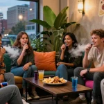 Group enjoying THC vapes in a cozy urban lounge, vibrant atmosphere.