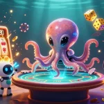 Spin slots with game slot themes as an octopus and robot celebrate jackpots in a cosmic casino scene.