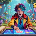 Sissy hentai game character in transformative adventure, exploring a vibrant digital world filled with fantasy elements and engaging game UI.