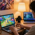 Engaged player enjoying a hentai game online in a cozy living room filled with gaming collectibles and ambient lighting.