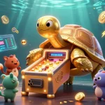 Experience thrilling gambling action with bj388's vibrant 3D casino scene filled with crypto coins and a playful tortoise.