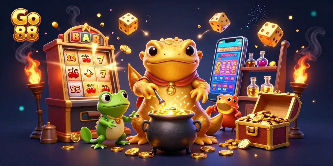 Engage with Go 88 in a vibrant, magical casino scene filled with gold coins and exciting game elements.