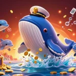 Join the thrilling sbobet experience with a vibrant illustration of a whale and dolphins betting in a sea of coins.
