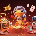 Engage with 8Xbet's dynamic casino atmosphere in this vibrant 3D illustration showcasing a Martian explorer and treasures.
