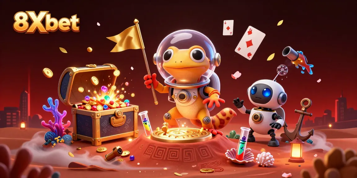 Engage with 8Xbet's dynamic casino atmosphere in this vibrant 3D illustration showcasing a Martian explorer and treasures.