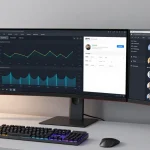 IPTV reseller dashboard software in a modern workspace with cloud computing features and cybersecurity measures.
