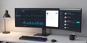 IPTV reseller dashboard software in a modern workspace with cloud computing features and cybersecurity measures.