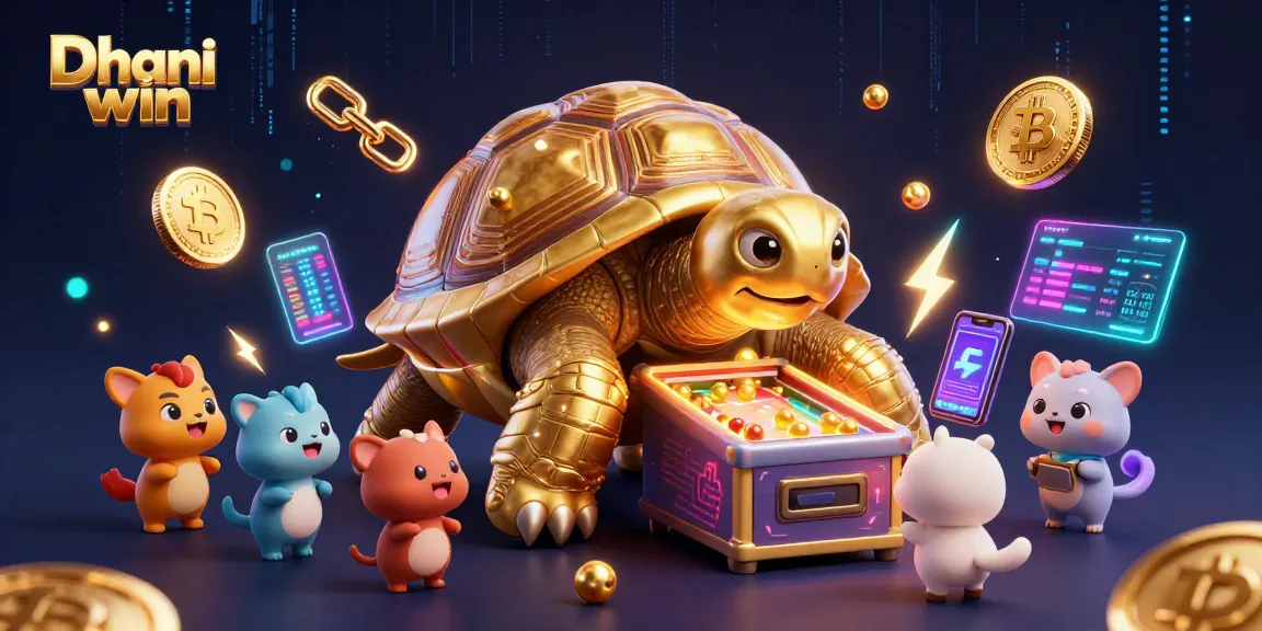 Dhani win showcases a vibrant illustration with a golden tortoise game character and vibrant gambling elements.