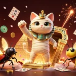 Engage in thrilling gameplay at sunwin17 with a vibrant scene of a mummy cat and a scarab beetle in a dynamic casino