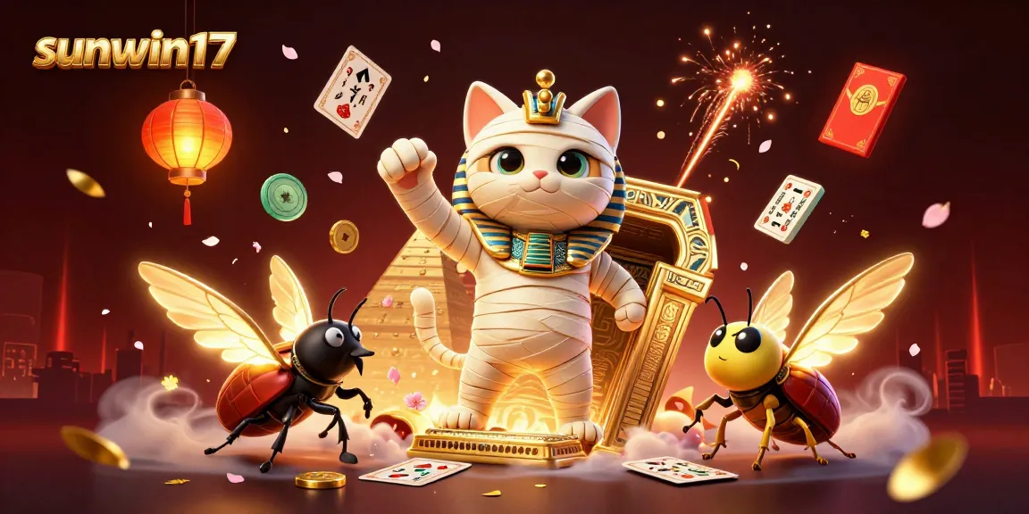 Engage in thrilling gameplay at sunwin17 with a vibrant scene of a mummy cat and a scarab beetle in a dynamic casino