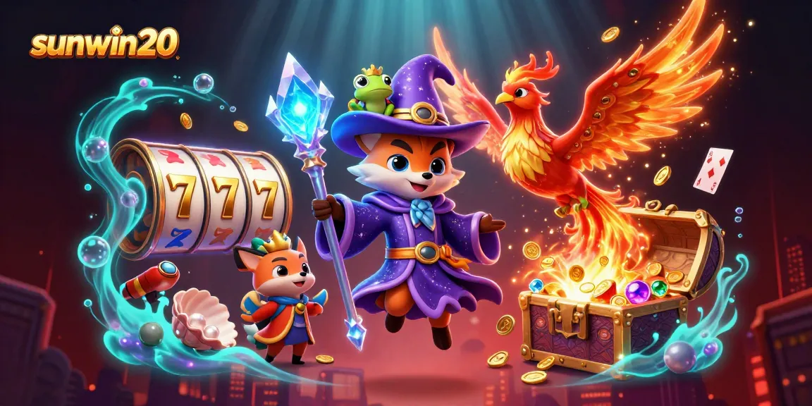Engage with sunwin20 through thrilling slot reels and vibrant characters in a magical casino scene.