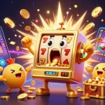 Situs Mahjong features a golden slot machine hitting its jackpot with coins pouring out amidst cheerful smaller slots and exciting casino elements.