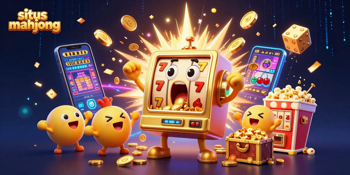 Situs Mahjong features a golden slot machine hitting its jackpot with coins pouring out amidst cheerful smaller slots and exciting casino elements.