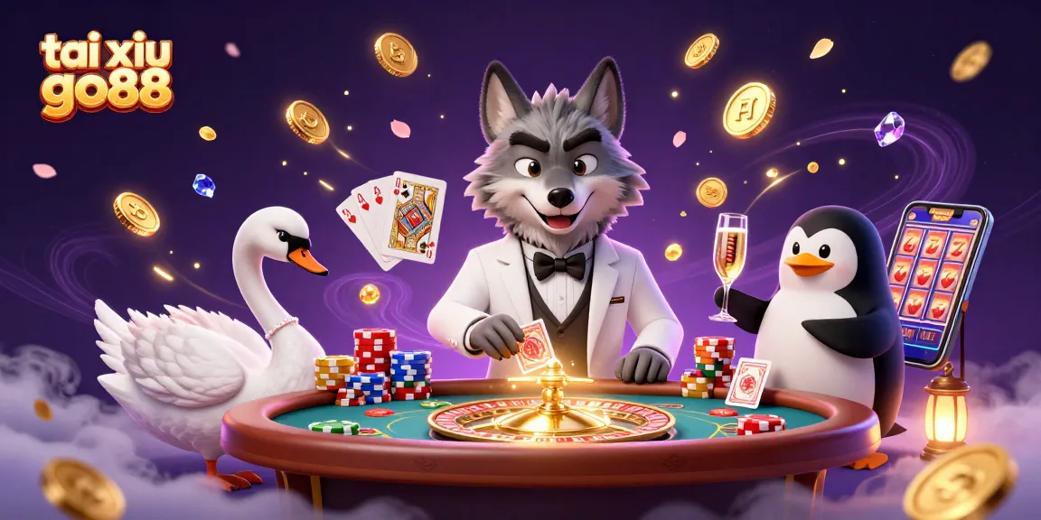 Engage in tai xiu go88 excitement with a captivating scene featuring card games and vibrant casino elements.
