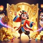 Experience the thrill of 8xbet with an exciting 3D kabuki warrior scene featuring slot reels and treasures.