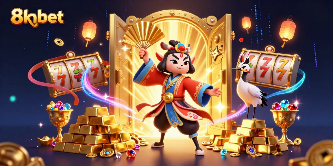 Experience the thrill of 8xbet with an exciting 3D kabuki warrior scene featuring slot reels and treasures.