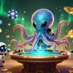 Tải game Sunwin with an alien octopus at a poker table, showcasing a vibrant casino scene.
