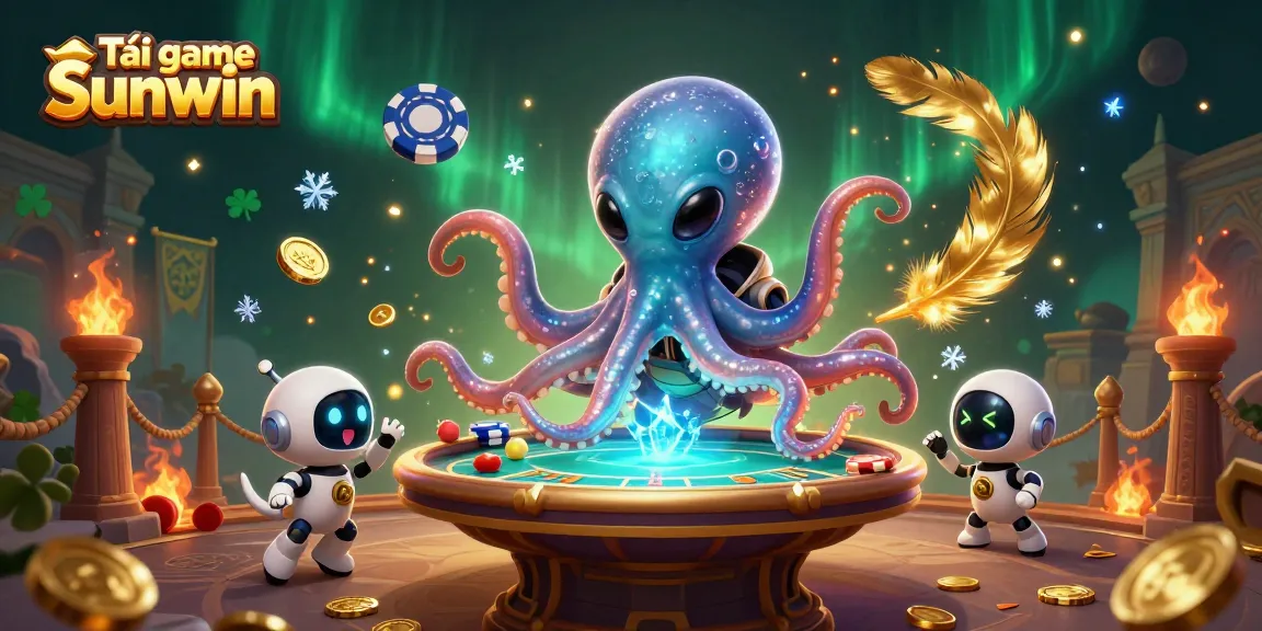 Tải game Sunwin with an alien octopus at a poker table, showcasing a vibrant casino scene.