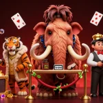 Boost your winnings at NK88's vibrant casino scene featuring a woolly mammoth bouncer, tiger guest, and treasure galore.