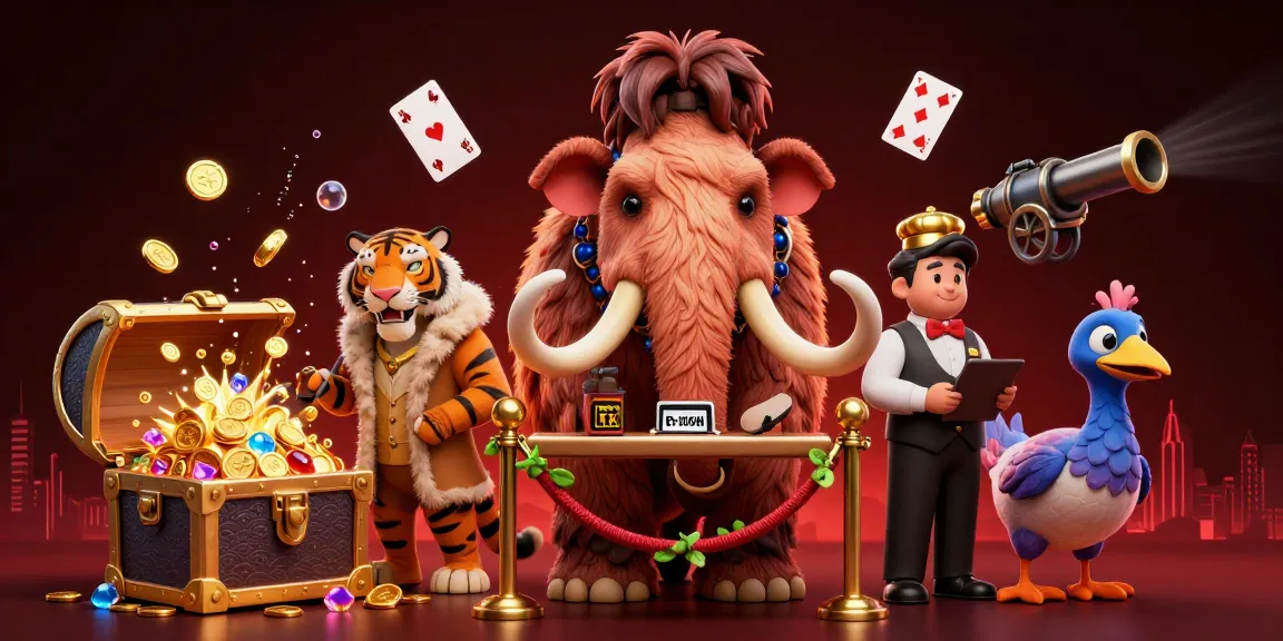 Boost your winnings at NK88's vibrant casino scene featuring a woolly mammoth bouncer, tiger guest, and treasure galore.