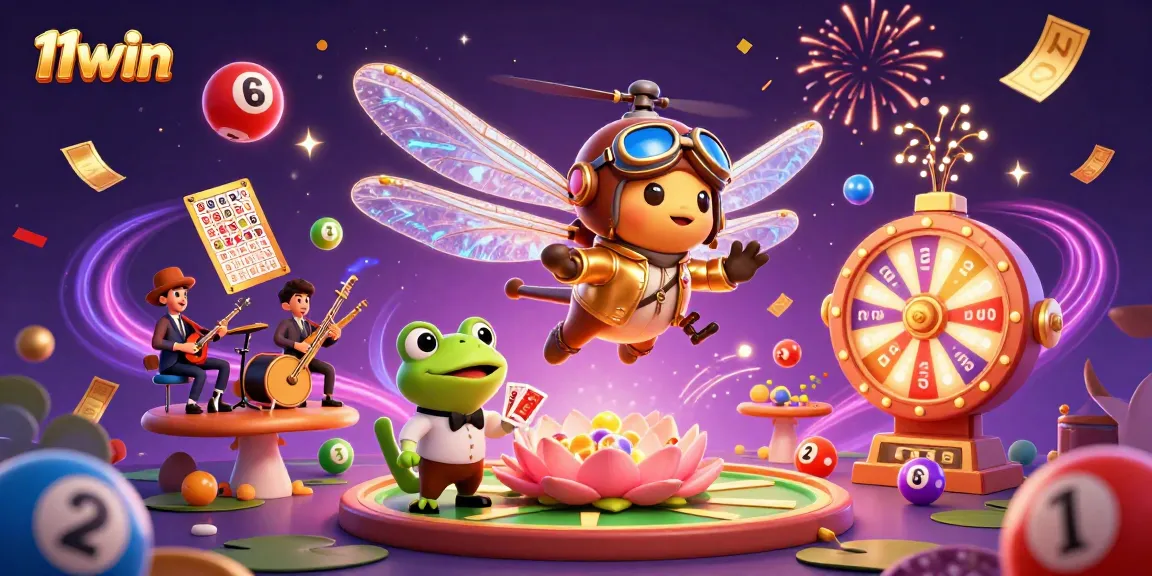Engage with 11win's exciting lottery imagery featuring a vibrant 3D illustration of characters and game elements.