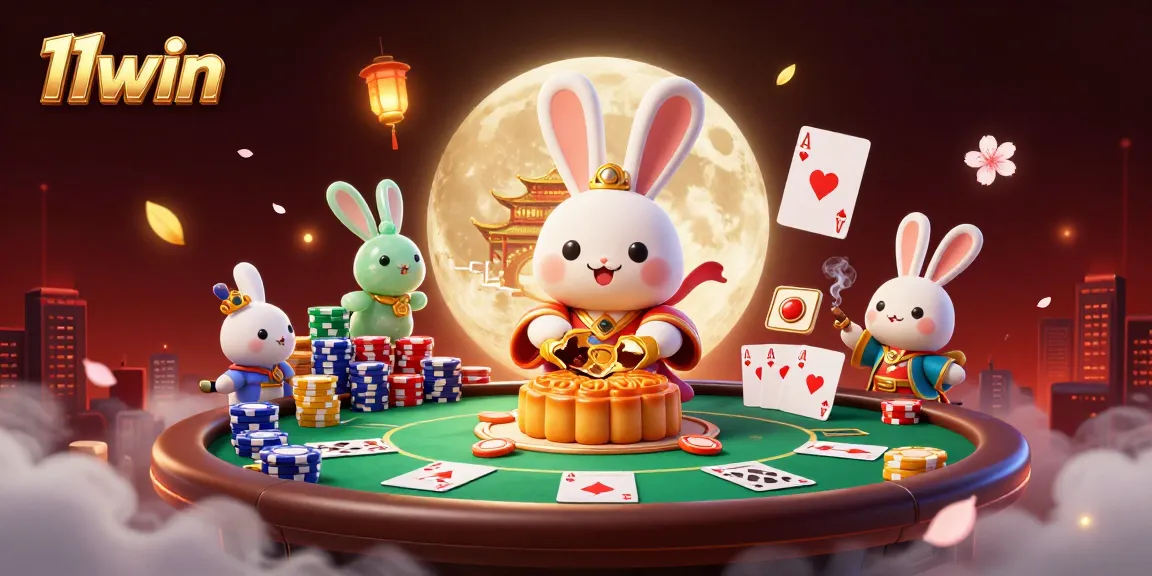 11win showcases an engaging moon-themed casino scene with poker chips and mooncakes.