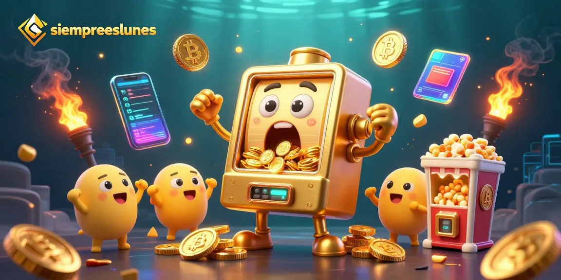 Play and win at siempreeslunes with our dynamic 3D slot machine hitting the jackpot amidst vibrant casino elements.