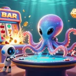 Engage in epic gaming with xoilac's exciting alien octopus at a dynamic poker table.