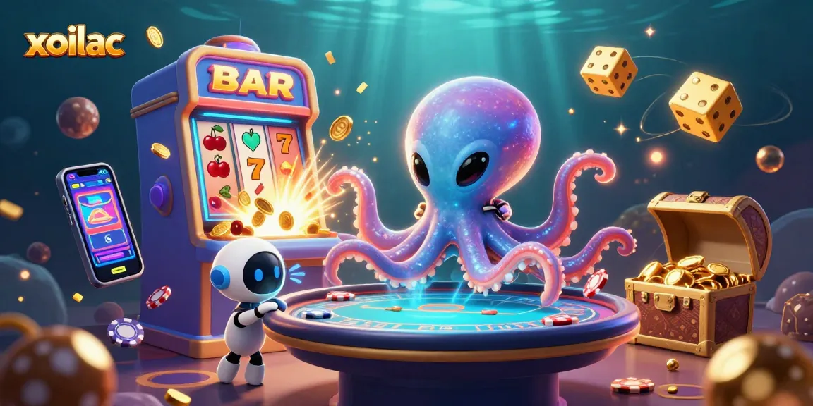 Engage in epic gaming with xoilac's exciting alien octopus at a dynamic poker table.