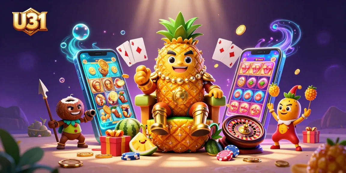Engage with U31's vibrant casino adventure featuring a colorful golden pineapple king amidst thrilling slot gameplay.
