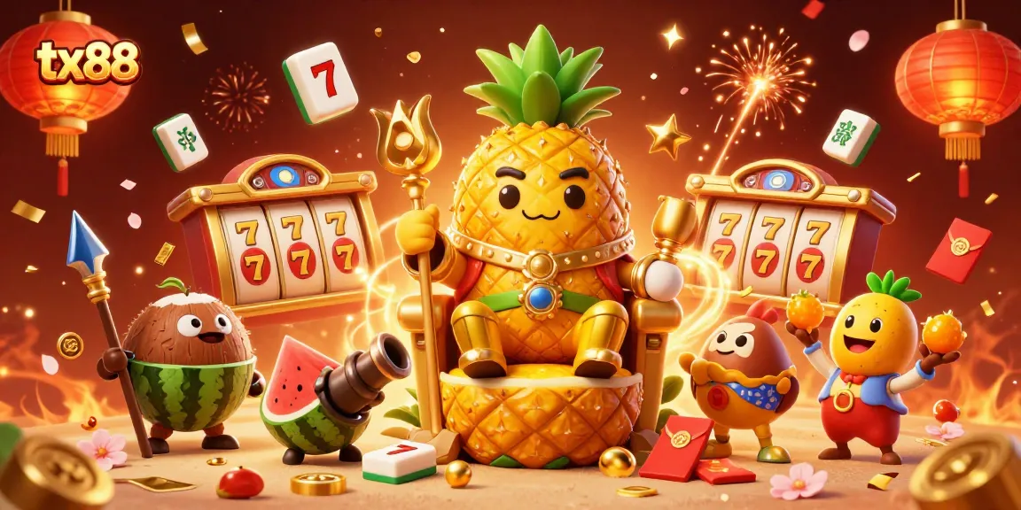 Experience thrilling gameplay with tx88 at a vibrant casino scene featuring a pineapple king and tropical elements.