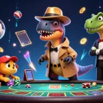 Experience 11win's thrilling atmosphere with a velociraptor card counter at a blackjack table amid sports elements.