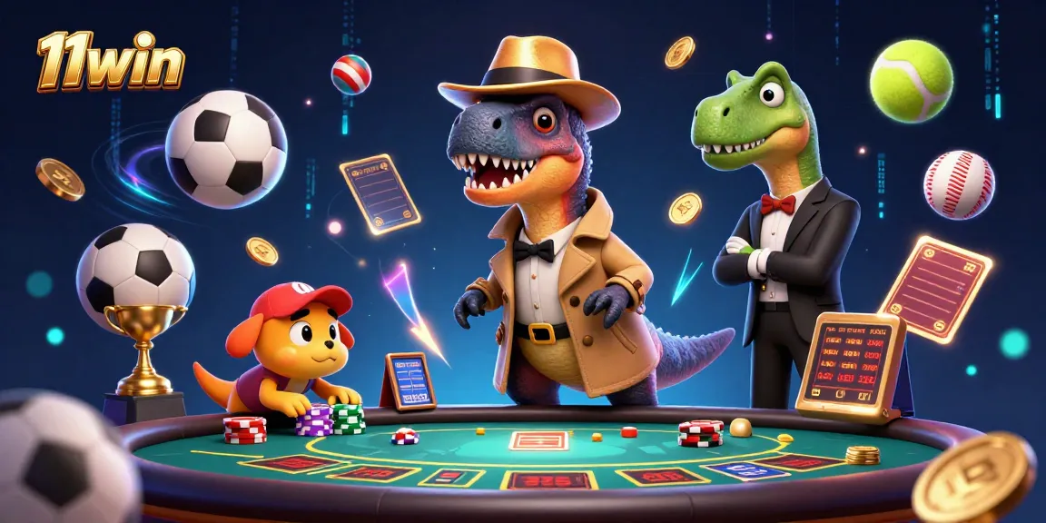 Experience 11win's thrilling atmosphere with a velociraptor card counter at a blackjack table amid sports elements.