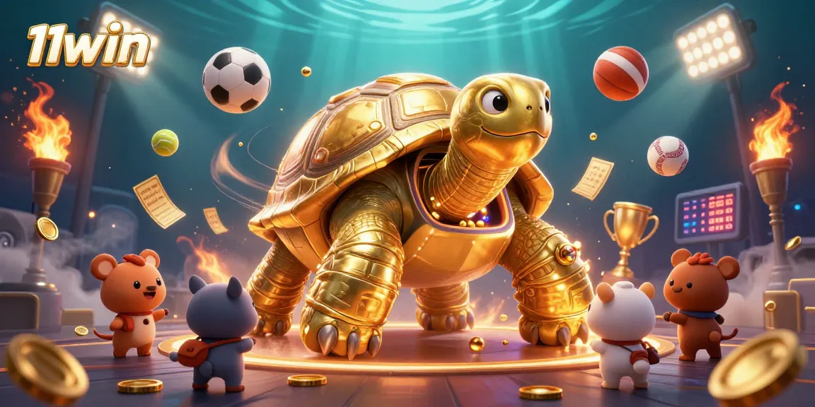 Experience thrilling games at 11win with a lively 3D illustration featuring dynamic sports and casino elements.