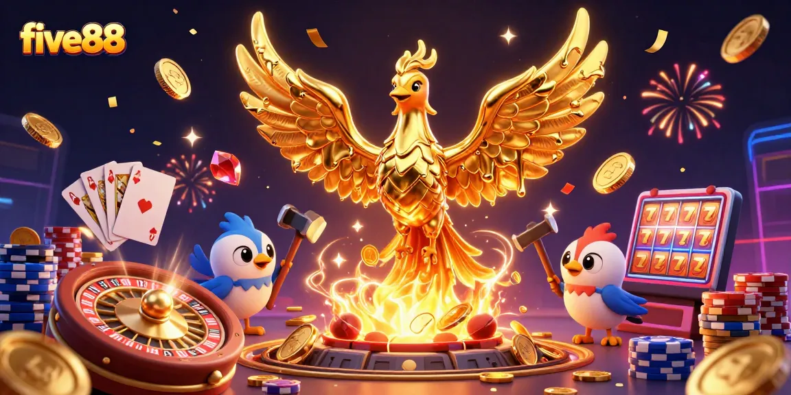 Experience thrilling moments at five88, featuring a molten gold phoenix and vibrant casino elements.